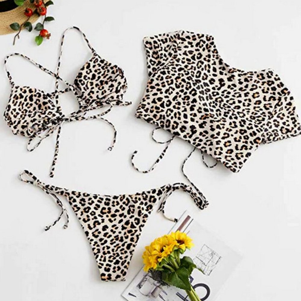 ZAFUL Cinched Tie Leopard Three Piece Swimsuit - Size S(4)